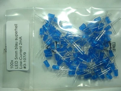 100x LED 5mm blau superhell Low-Current 2mA #3-107/9#003b - Bild 1 von 4