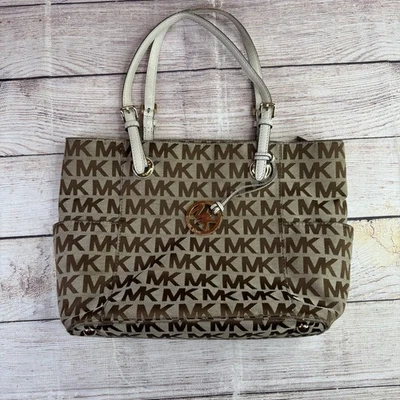 Michael Kors Signature Logo Tote Bag Shoulder Bag Purse - Tan & Brown White Hand - Image 1 of 4