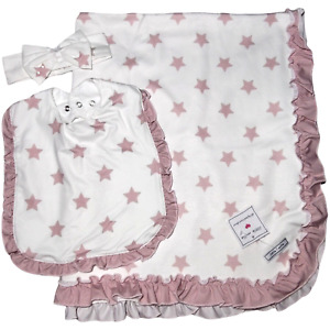 Little Millie 3pc Baby Newborn 3 Mo White & Pink Star Blanket Bow Bib Set Ruffle