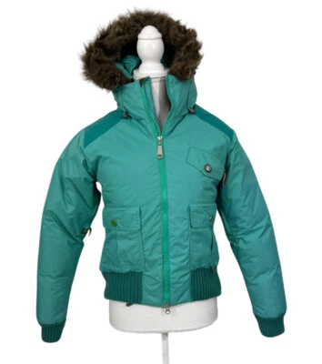 Chaqueta de esquí HOLDEN para mujer XS plumón capucha acolchada snowboard verde azulado ribete de piel sintética Foto 1 de 4