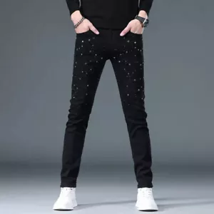 New Men Luxury Black Jeans Diamond Rhinestones Fashion Trousers High Quality - Picture 1 of 7