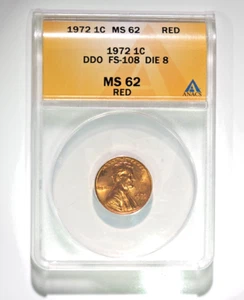 1972 Lincoln Memorial DDO, 108, Double Die Obverse Variety, ANACS MS62, Error - Picture 1 of 4