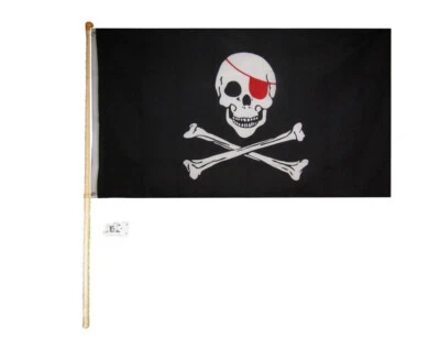 5' Wood Flag Pole Kit Wall Mount Bracket 3x5 Pirate Black With Red Patch Flag - Image 1 of 3