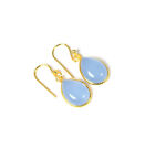 925 Solid Sterling Silver 24ct Gold Overlay Blue Chalcedony Hook Earring n360
