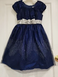Jona Michelle Girls Size 10 Mesh Dress Party Formal Navy Blue Glitter Silver Bow - Picture 1 of 5