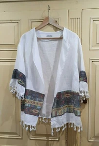 MADE IN ITALY M L 12 14 100% LINEN WHITE COVER UP JACKET TASSEL BEACH LOOSE FIT - Picture 1 of 10