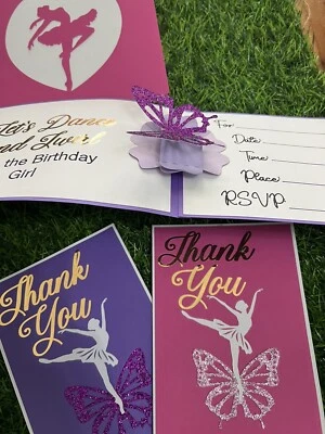 Ballerina Birthday Invitations w/Pop-Up Butterfly Thank you Notes Pink Purple - Image 1 of 4