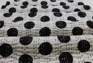 Black Polka Dot Queen Size Indian Kantha Quilt Cotton Blanket Vintage Bedspread - Picture 1 of 8