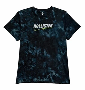 Hollister, dunkelblaues T-Shirt mit modernem abstraktem Print Logo, Gr. L - Bild 1 von 3