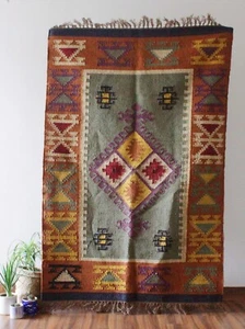 Rug Custom Size Wool Jute Aztec Kilim Turkish Rug Handmade Moroccan Area Carpet - Picture 1 of 5