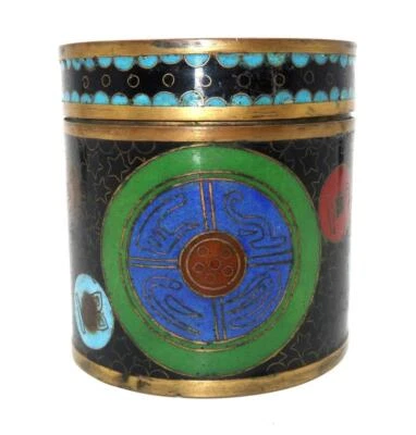 Caddy de chá chinês com tampa motivo abstrato cloisonné, 3 1/4" - Imagem 1 de 4