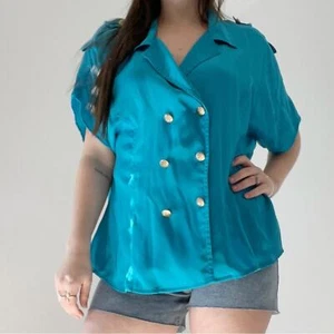 Vintage Notations Turquoise Blue Silky Double Breasted 80's Blouse, Sz 16 - Picture 1 of 7
