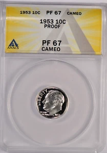 1953 Roosevelt Dime Proof ANACS PF 67 CAMEO / PR67CAM Frosty Coin - Picture 1 of 2