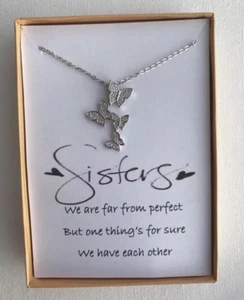 Collar colgante de mariposas circón plata esterlina con poema para hermana - Imagen 1 de 2