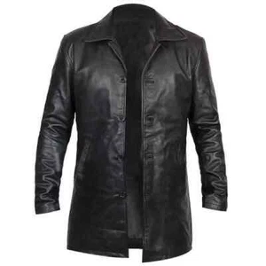 Men's Black Real Sheepskin Long Trench Vintage Motorcycle Leather Coat - Picture 1 of 4
