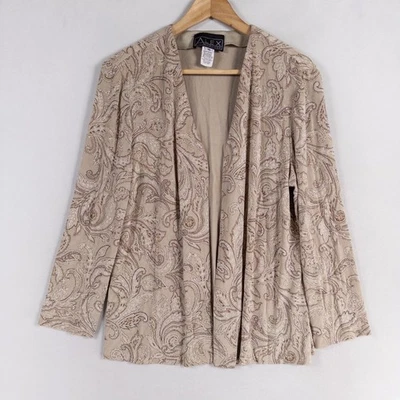 Chaqueta Alex Evenings Talla 16 Beige Marrón Paisley Slinky Tejida Brillante Frente Abierto Foto 1 de 4