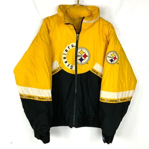 Vintage Pittsburgh Steelers Down Jacket Medium Yellow Puffer Bomber Full Zip Nfl - Picture 1 of 7