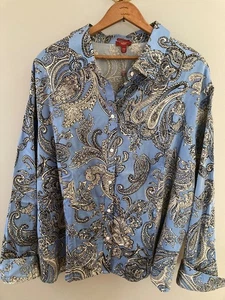 Neu TALBOTS Stretch Baumwollsatin PAISLEY Bluse Hemd Knopf BLAU Neu 24W 2x - Bild 1 von 6