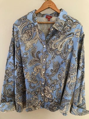 Новый TALBOTS эластичной хлопок сатин PAISLEY блузка рубашка кнопка синий новый 24 Вт 2 X - Изображение 1 из 4