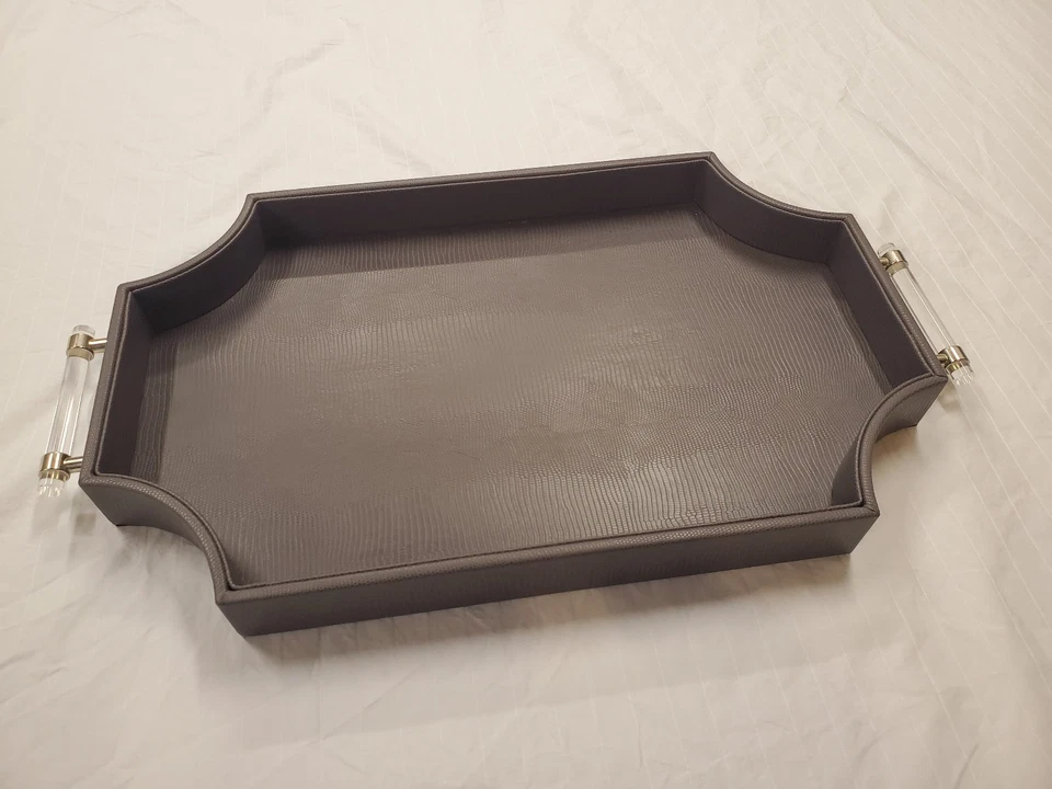Regency Decorative Gray Rectangle Tray with Nickel Acrylic Handles Vegan Leather - Image 1 of 4