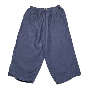 FLAX Pants Womens Size 1G 100% Linen Blue Elastic Waist Wide Leg Crop Lagenlook - Picture 1 of 13