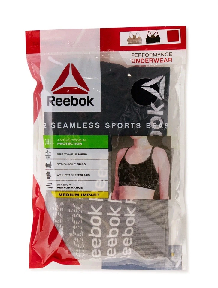 2-Pack REEBOK Women’s L Seamless Sports Bras Medium Impact Removable Cups Mesh