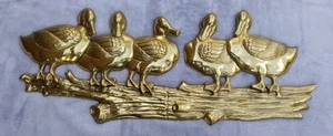 Vintage Brass Ducks On Log Wall Hanging Sculpture Decor Heavy Brass Large Heavy! - Picture 1 of 6