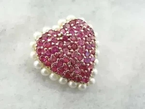 2Ct Round Lab Created Red Ruby Cluster Heart Brooch Pin 14k Yellow Gold Plated - Picture 1 of 6