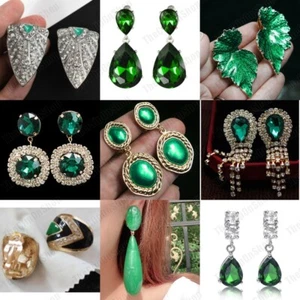 CLIP ON retro GREEN EARRINGS COLLECTION vintage style clips ENAMELLED metal UK - Picture 1 of 15