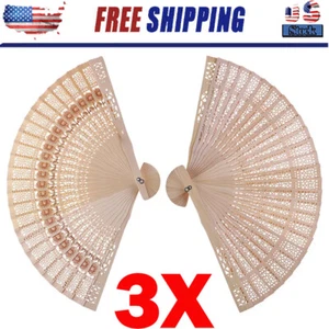(3PC) Natural Wood Large Lace Floral Folding Hand Held Chinese Fan US - Picture 1 of 19
