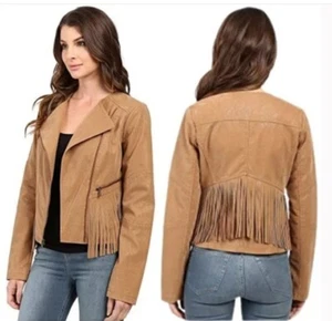 Chaqueta de moto Jessica Simpson de cuero sintético con cremallera asimétrica para mujer con flecos S/P - Imagen 1 de 13