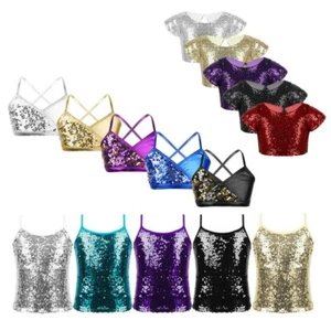 Toddlers Girls Sequins Ballet Crop Tops Camisole Kids Jazz Latin Dance Wear Tank - Picture 1 of 92