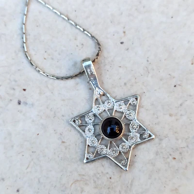 Colar de filigrana masculino Star of David prata 925 ônix preto feminino presente vintage - Imagem 1 de 4