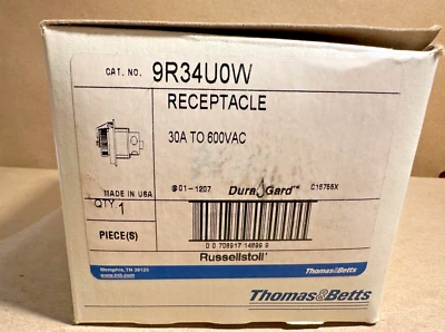 T&B Russellstoll 9R34U0W 30A 600V DuraGard Pin and Sleeve Receptacle, New In Box - Image 1 of 3