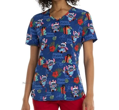 NWT Disney Lilo and Stitch Scrub Top Shirt Christmas Womens Size X Small-3X Plus - Image 1 of 4