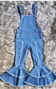 Girls Blue Denim Overalls Double Ruffle  - Picture 1 of 3