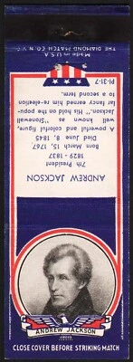 Vintage matchbook cover ANDREW JACKSON with his bio Diamond Match Co unstruck - Image 1 of 3