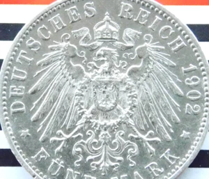 GERMAN 5 Mark 1902 F States WURTTEMBERG WILHELM II. 90% Silver Coin WW1 + RARE + - Picture 1 of 7