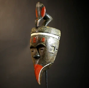 African Red Carved Wood Baule Mask Unique Tribal Wall Art Decor Accent-G4681 - Picture 1 of 24