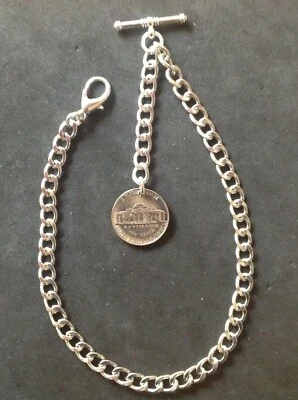 Albert pocket watch chain with clasp,t-bar and US  5 cent fob,silver colour - Image 1 of 4