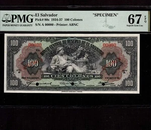 El Salvador 100 Colones 1934 P-80s * PMG Gem Unc 67 EPQ * Specimen * Top Pop * - Bild 1 von 2