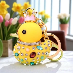 Bling Duck Keychain Yellow Ducky Rhinestone Animal Keyring Bag Charm Crown Jeep - Picture 1 of 12