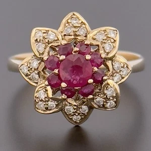 9ct Yellow Gold Ruby & Diamond Cluster Flower Ring Size P - Picture 1 of 10