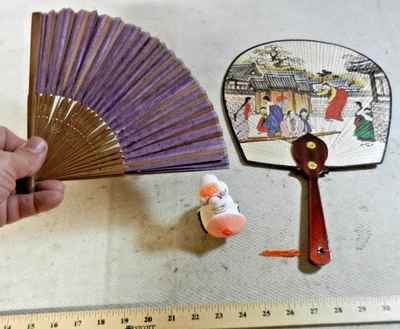 Lote de 3 ventiladores plegables a mano japoneses asiáticos orientales de madera vintage + Foto 1 de 4