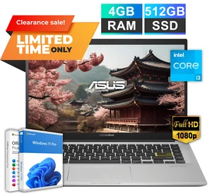 ASUS Vivobook Laptop 14 FHD Intel i3 4GB RAM 512GB SSD Win 11 Pro Office 2024 - Picture 1 of 9