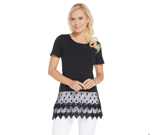 Kathleen Kirkwood Short Sleeve Top with Lace Extender-Black-XS A307345 - Image 1 of 1