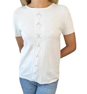 CHANEL Vintage 05P CC Logo Ribbed Knit Top #34 Short Sleeve White Cotton - Picture 1 of 11