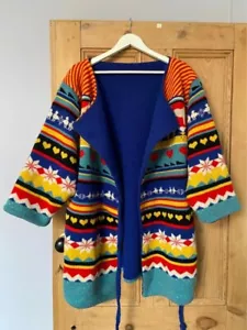 Vintage Alpaca Colourful Fair Isle Knit Long Cardigan Kimono Size L Kitsch - Picture 1 of 20