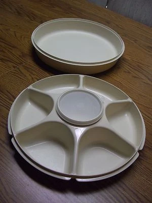 4-Piece Tupperware Almond 6-Section Serving Tray, Lid /Dip Bowl, Lid/13"Round    - Image 1 of 4