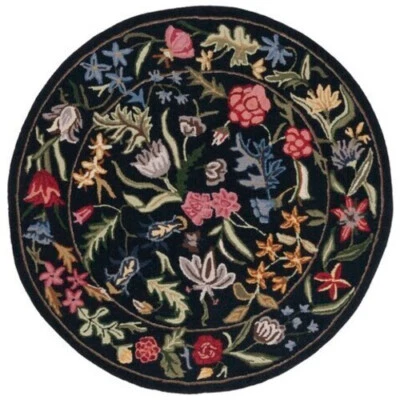 5'6" Round Designer Botanical Hand Hooked Wool Black Area Rug **FREE SHIPPING** - Image 1 of 4